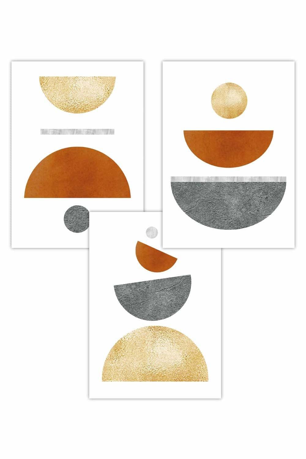 Set of 3 Orange, Gold and Grey Abstract Mid Century Geometric Art Posters